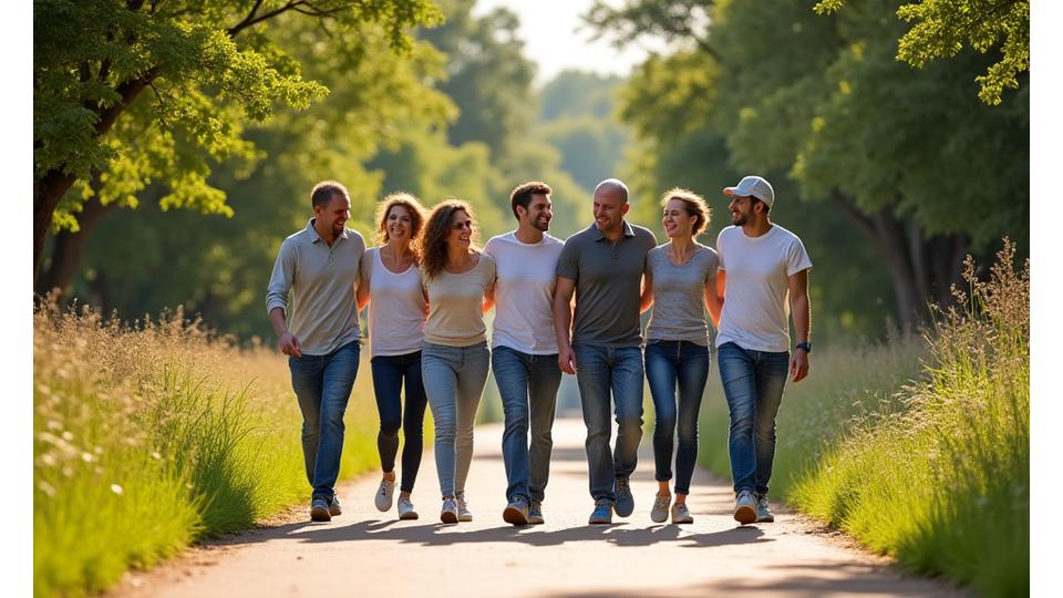 A diverse group of adults laughing and walking together through a sunny Austin park, conveying community and outdoor activity.