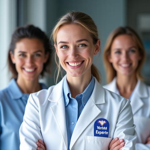 A diverse panel of certified health professionals smiling, with subtle digital badges indicating their expertise, symbolizing trust and knowledge.