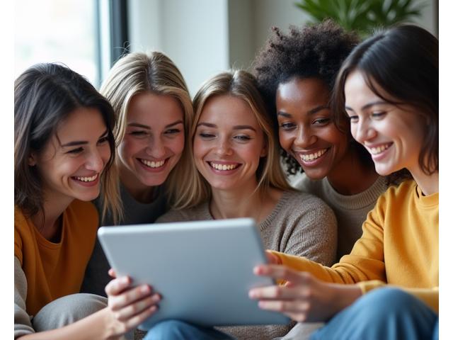 Diverse group of adults engaged in a lively online community discussion on health and wellness, with warm, inviting colors and a sense of connection.