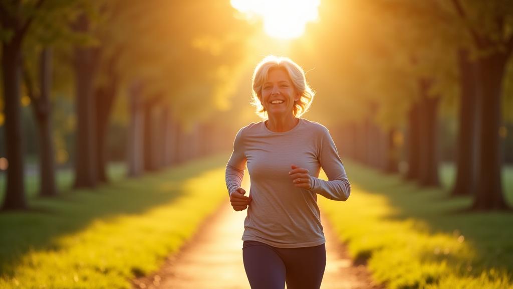 A person in their late 40s jogging gracefully through a sunlit park, embodying vitality and mindful movement.