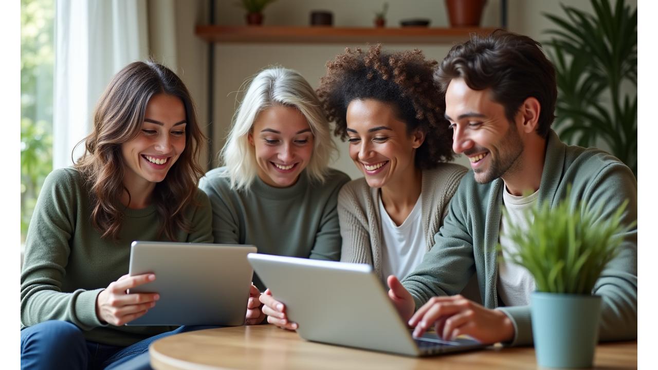 A diverse group of adults in their late 30s to 50s, smiling and reading health articles on tablets and laptops in a bright, modern, and comfortable setting, representing daily engagement with health content. Focus on natural light and serene atmosphere.