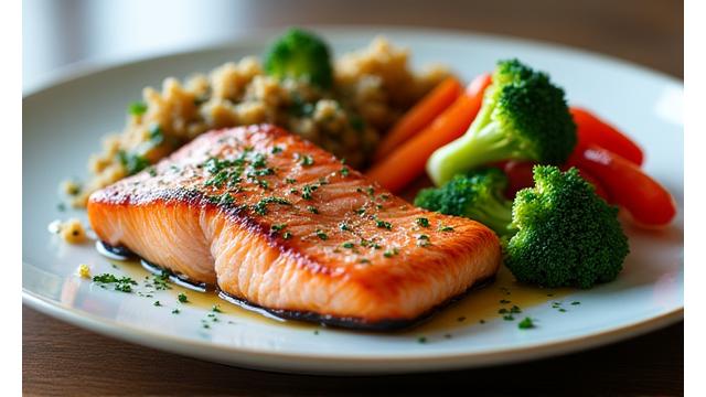 A balanced plate of vibrant, healthy food, like grilled salmon, quinoa, and colorful vegetables, symbolizing nutrition.