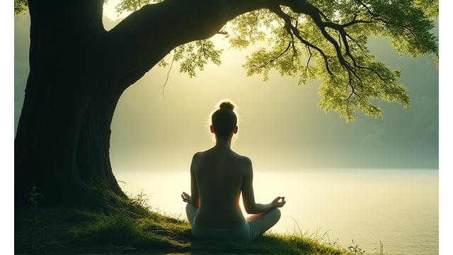 A person practicing mindfulness or meditation in a serene natural environment, symbolizing mental clarity.
