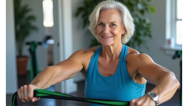 A woman in her 40s doing light strength training with resistance bands, representing age-appropriate fitness.