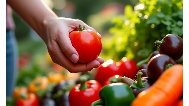 A person carefully selecting fresh, colorful vegetables at a vibrant farmer's market, symbolizing healthy eating and nutrition.