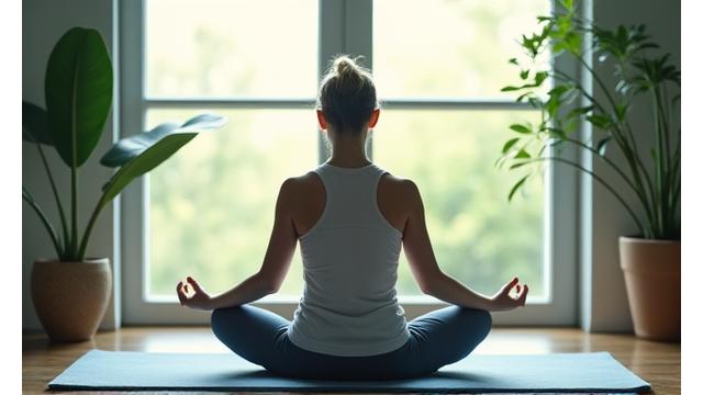 Someone in a calm yoga pose on a mat surrounded by natural light, representing mental wellness and stress reduction.
