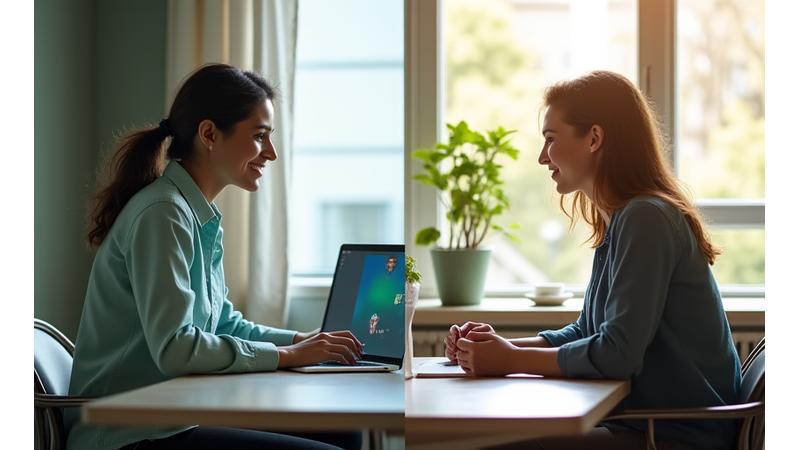 Two screens side by side, one showing a virtual consultation and the other showing an in-person meeting over coffee, symbolizing flexible consultation formats.