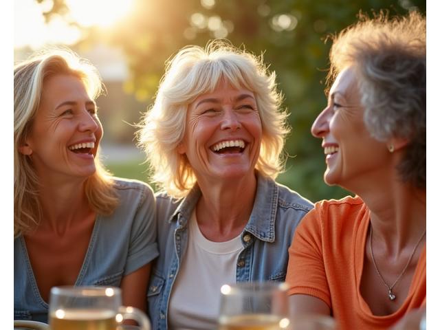 Three midlife women laughing and enjoying conversation outdoors, symbolizing friendship and support in a community setting.