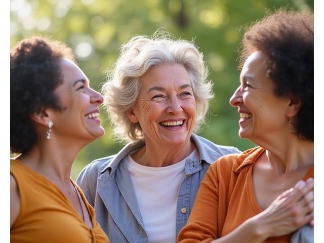 Diverse group of women smiling and supporting each other, symbolizing empowerment during midlife and menopause.
