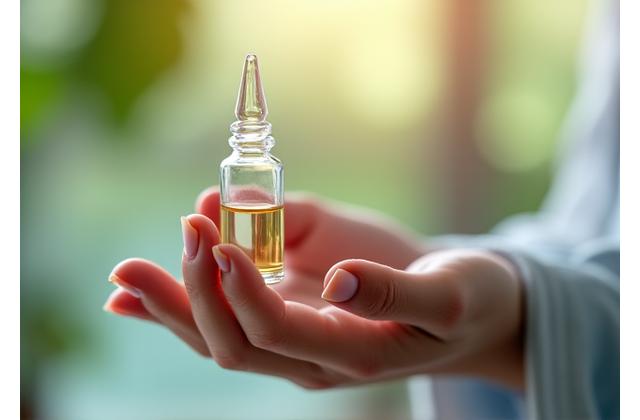 Close-up view of a hand gently holding a small glass vial, symbolizing delicate hormone balance and testing.