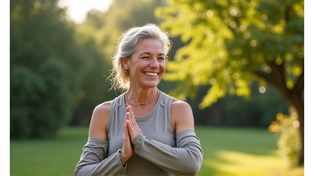 Woman in activewear performing low-impact exercise outdoors, smiling.