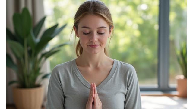 Person meditating peacefully outdoors in a serene, green environment.