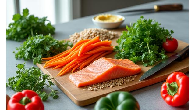 Healthy vibrant meal preparation on a kitchen counter.