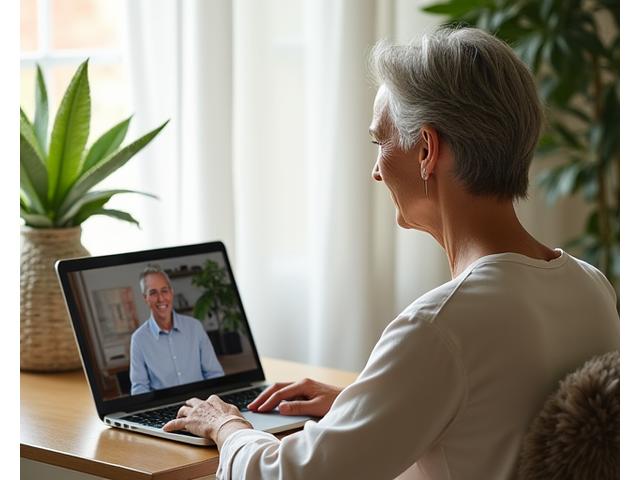 Woman comfortably participating in an online wellness workshop on her laptop, surrounded by natural light and plants.