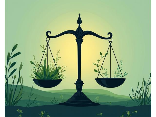 Illustration of balanced scales of justice with intertwined roots and leaves, symbolizing fair resolution and natural growth.