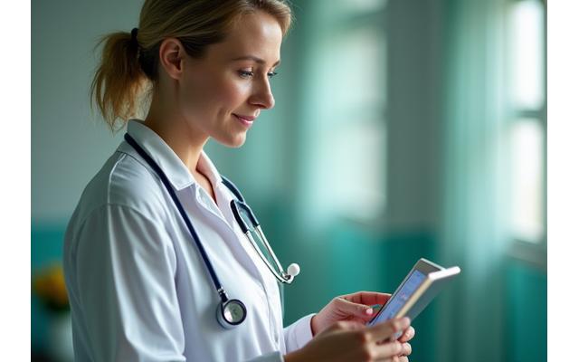 A healthcare professional, in profile, thoughtfully interacting with a digital interface, symbolizing expert consultation and personalized advice in a wellness context.