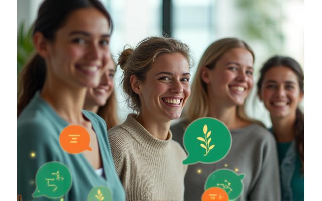 Diverse group of adults sharing ideas in a vibrant, supportive online community setting with digital overlays of interconnected lines.