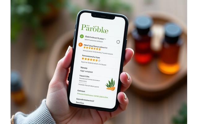 A person holding up a smartphone displaying a positive product review with star ratings and comments, set against a background of natural wellness products.