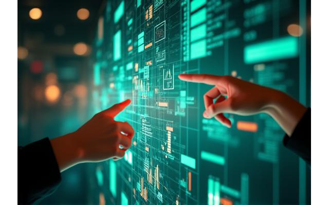 A diverse group of hands interacting with a large touch screen displaying charts and graphs, symbolizing collaborative service improvement and data-driven decisions.