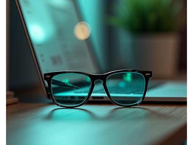 Stylish, modern blue light blocking glasses resting on a desk next to a laptop, suggesting protection from digital eye strain.