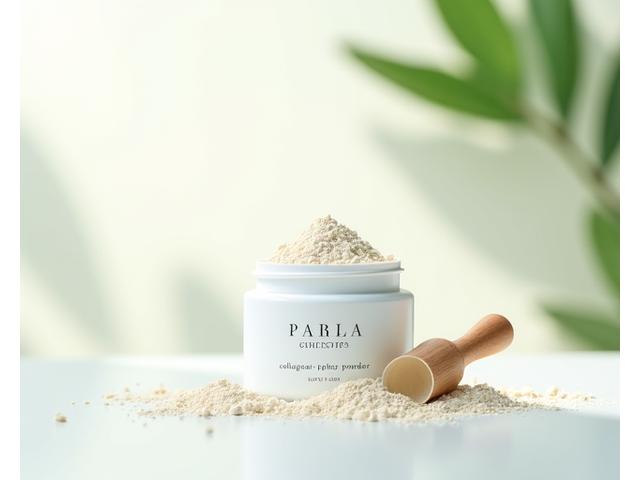 High-quality collagen peptide powder in a clean, minimalist container on a light background, with a scoop and a a subtle natural glow.