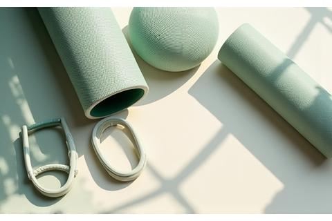 Various fitness and recovery tools like foam rollers, resistance bands, and a yoga mat, arranged neatly in a home gym setting.