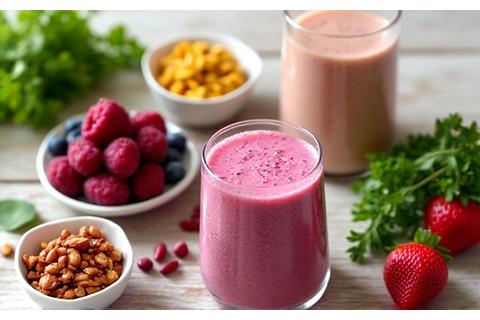 Fresh, vibrant ingredients for functional nutrition like berries, nuts, greens, and protein powder, beside a balanced smoothie.