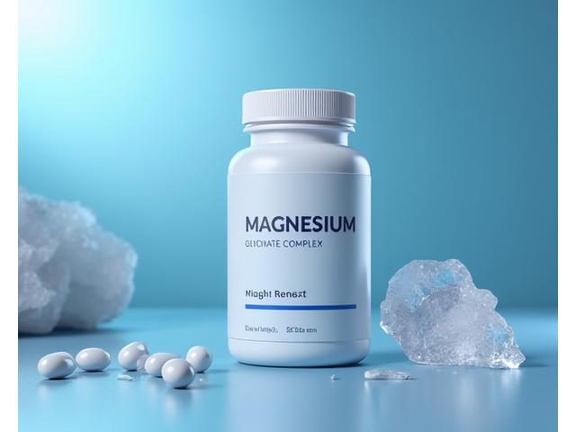 Magnesium complex supplement bottle with various forms of magnesium (citrate, glycinate, malate) depicted subtly, promoting relaxation and sleep.
