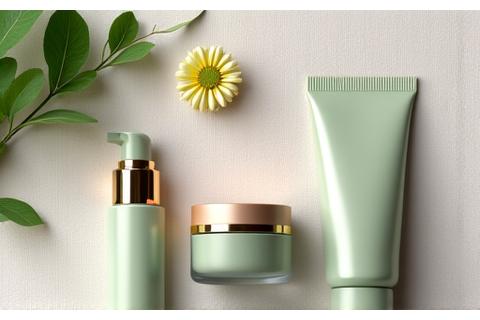 Elegant organic skincare products, including serums, moisturizers, and natural cleansers, on a wooden tray with a lush green plant background.