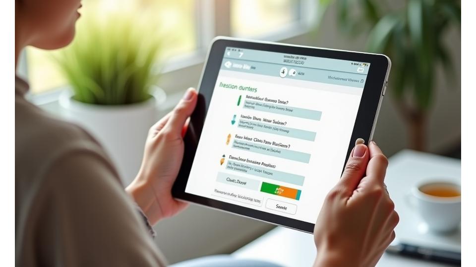 User interacting with a personalized health quiz on a tablet, with dynamic questions and a progress bar, surrounded by subtle health-related icons.
