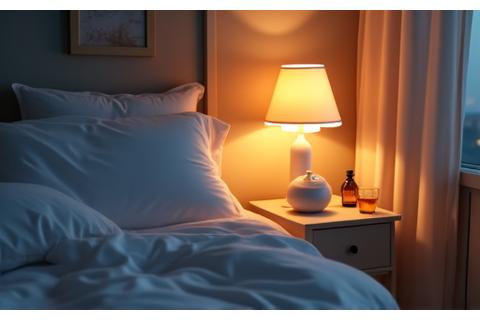 A serene bedroom setting with a comfortable bed, soft lighting, and items like an aromatherapy diffuser and a calming herbal tea, promoting relaxation.