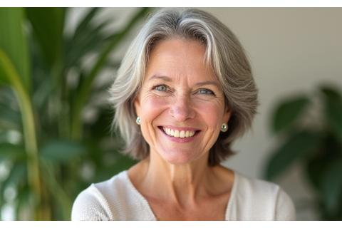 A woman in her late 40s smiling confidently, surrounded by subtle symbols of women's health, such as a herbal supplement bottle and a yoga mat.